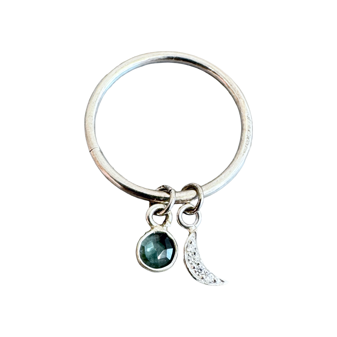 Charm Ring - cz moon with blue topaz gemstone - recycled silver
