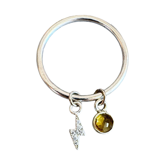 Charm Ring - lightning bolt with czs and citrine gemstone - recycled silver